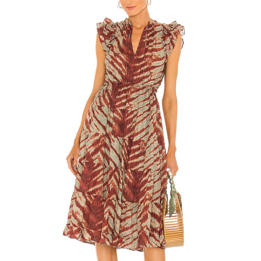 Ulla Johnson Rust and Sage Tiered Midi Dress